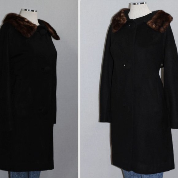 Fur Collar Black Wool Trench Coat - Picture 11 of 15